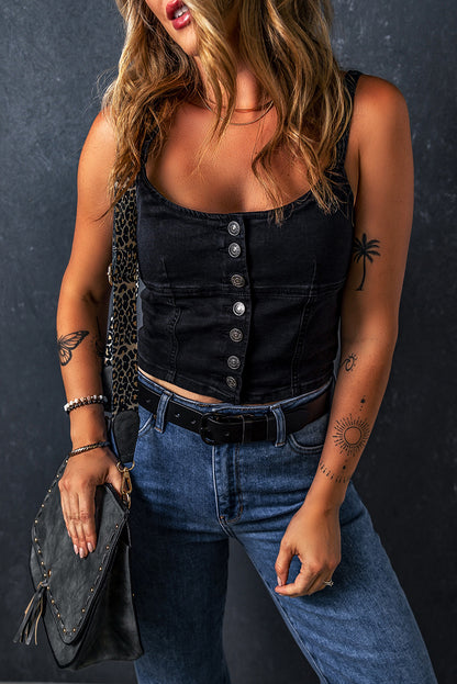 Dear Lover Black Acid Wash Buttoned Cropped Denim Tank Top