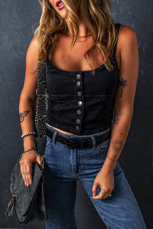 Dear Lover Black Acid Wash Buttoned Cropped Denim Tank Top