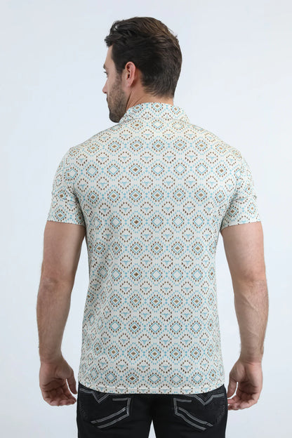 Platini Men’s Modern Fit Stretch Aztec Print Beige Polo PGP11024