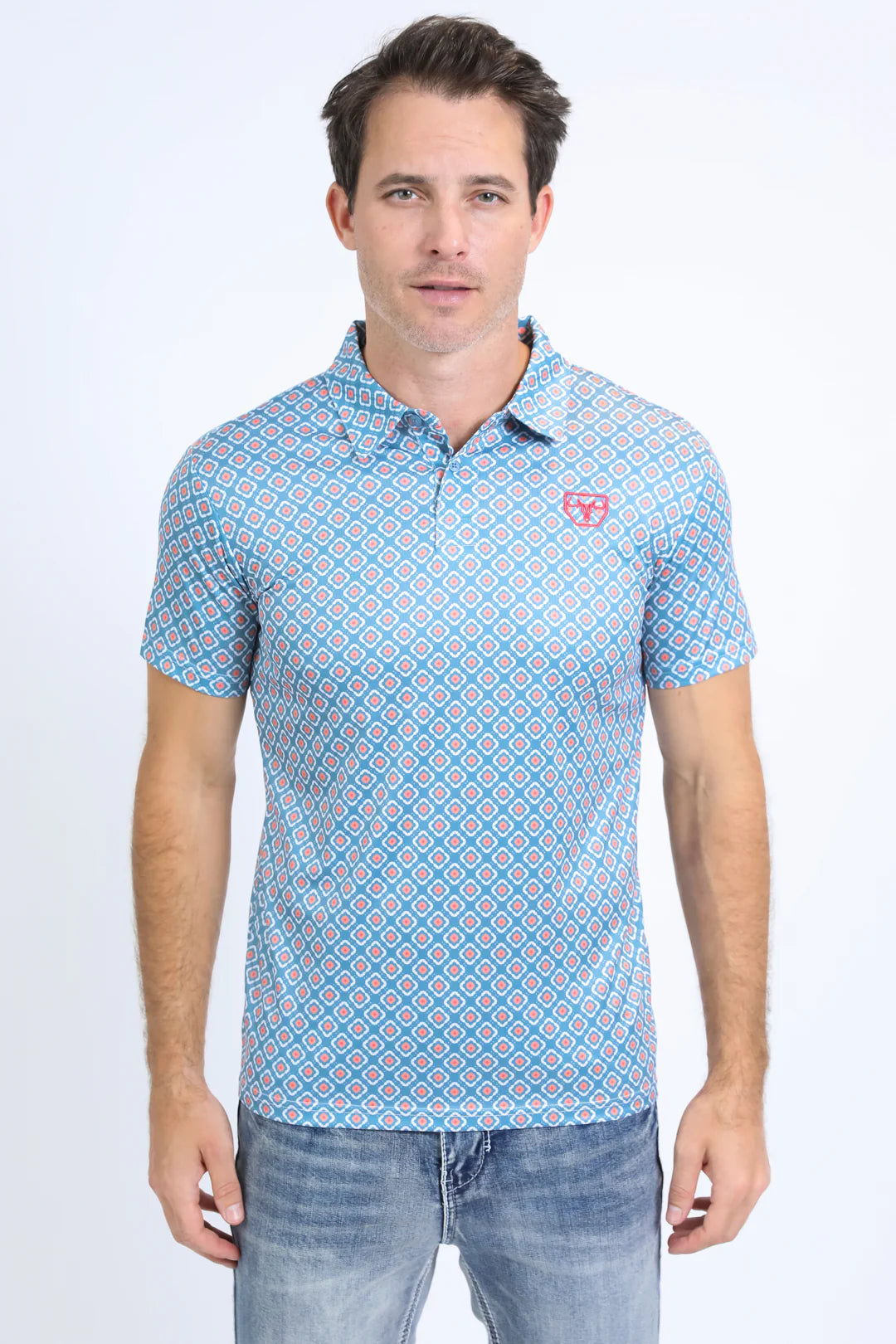 Platini Mens Performance Fabric Print Blue Polo PGP10543