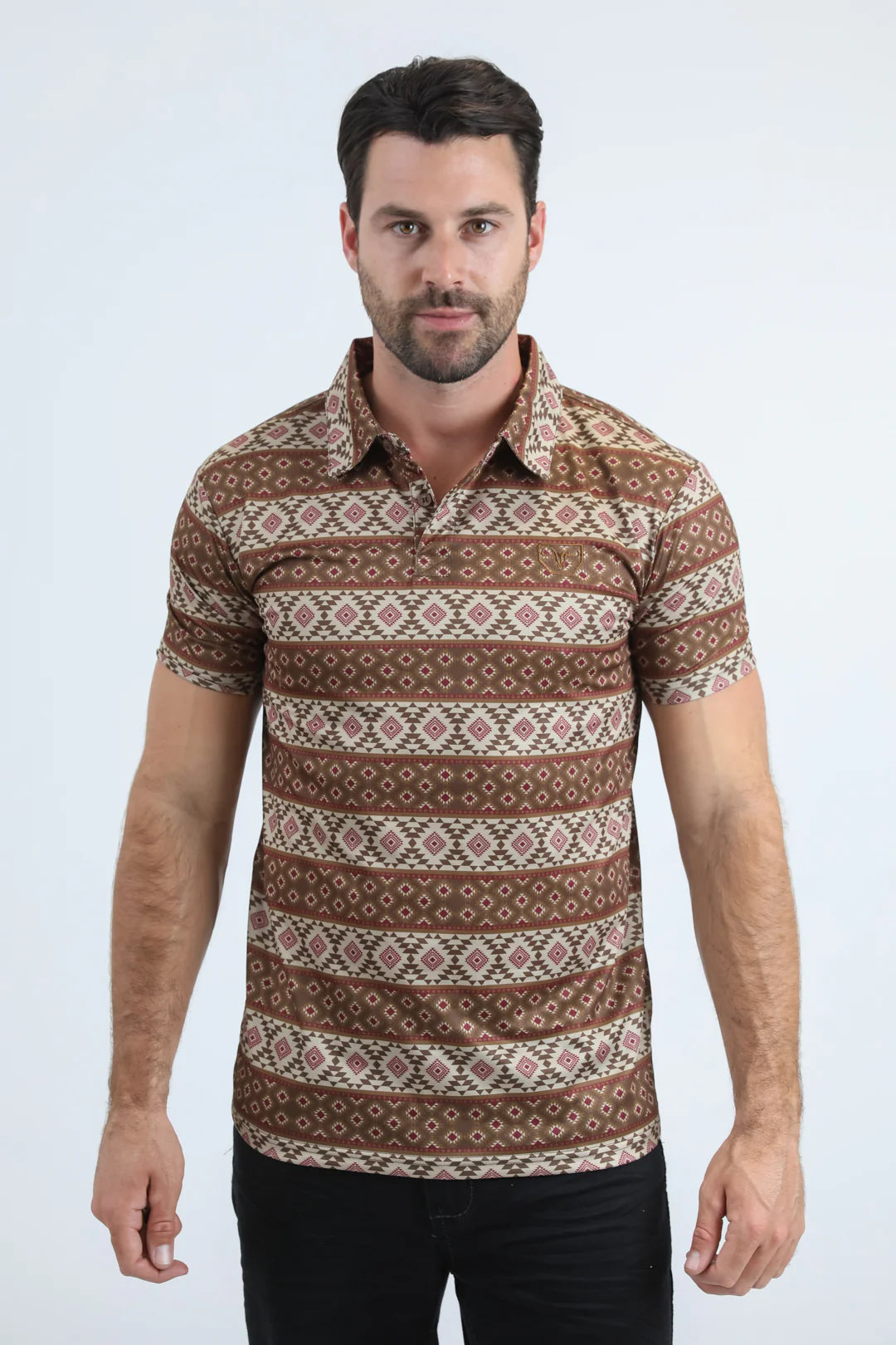 Platini Mens Modern Fit Stretch Aztec Print Brown Polo PGP11013