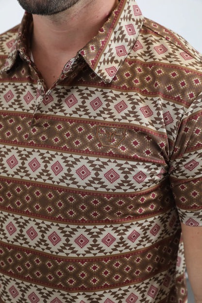 Platini Mens Modern Fit Stretch Aztec Print Brown Polo PGP11013