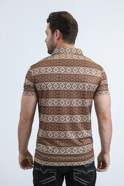 Platini Mens Modern Fit Stretch Aztec Print Brown Polo PGP11013