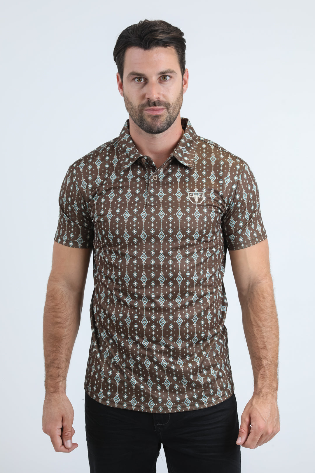 Platini Mens Modern Fit Stretch Aztec Print Brown Polo PGP11017