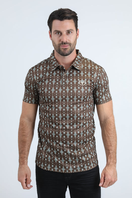 Platini Mens Modern Fit Stretch Aztec Print Brown Polo PGP11017