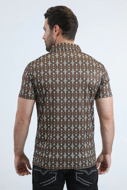 Platini Mens Modern Fit Stretch Aztec Print Brown Polo PGP11017