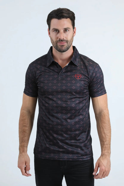 Platini Mens Modern Fit Stretch Aztec Print Black Polo PGP11008
