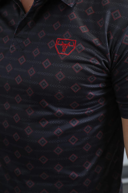 Platini Mens Modern Fit Stretch Aztec Print Black Polo PGP11008