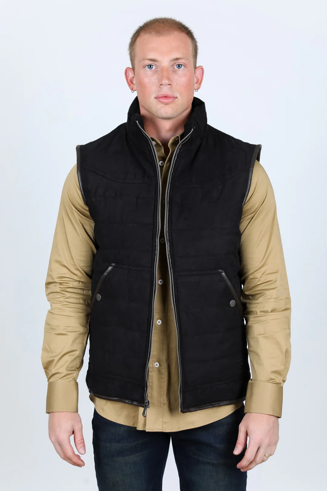 Platini Men's Fur Lined Quilted Faux Suede Black Vest VST9393