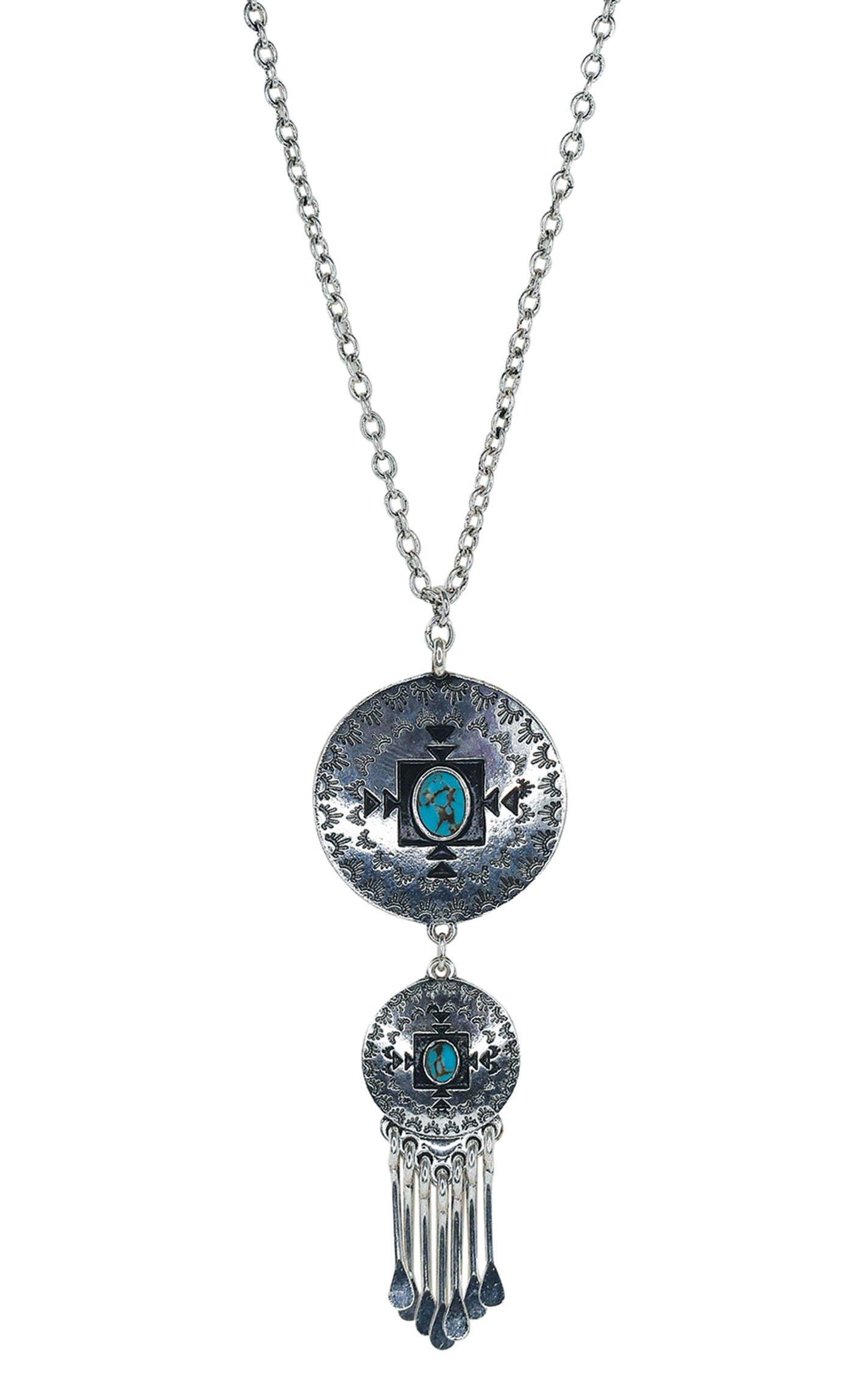 Justin Etched Silver & Turquoise Concho Chandelier Necklace