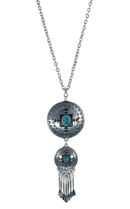 Justin Etched Silver & Turquoise Concho Chandelier Necklace