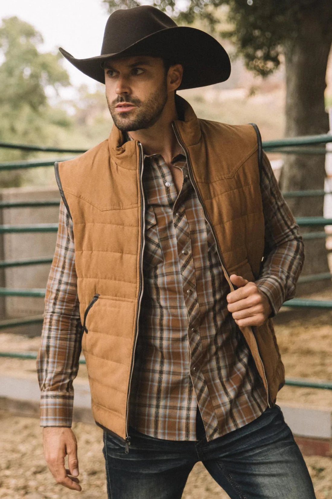 Platini Men's Fur Lined Quilted Faux Suede Camel Vest VST9395