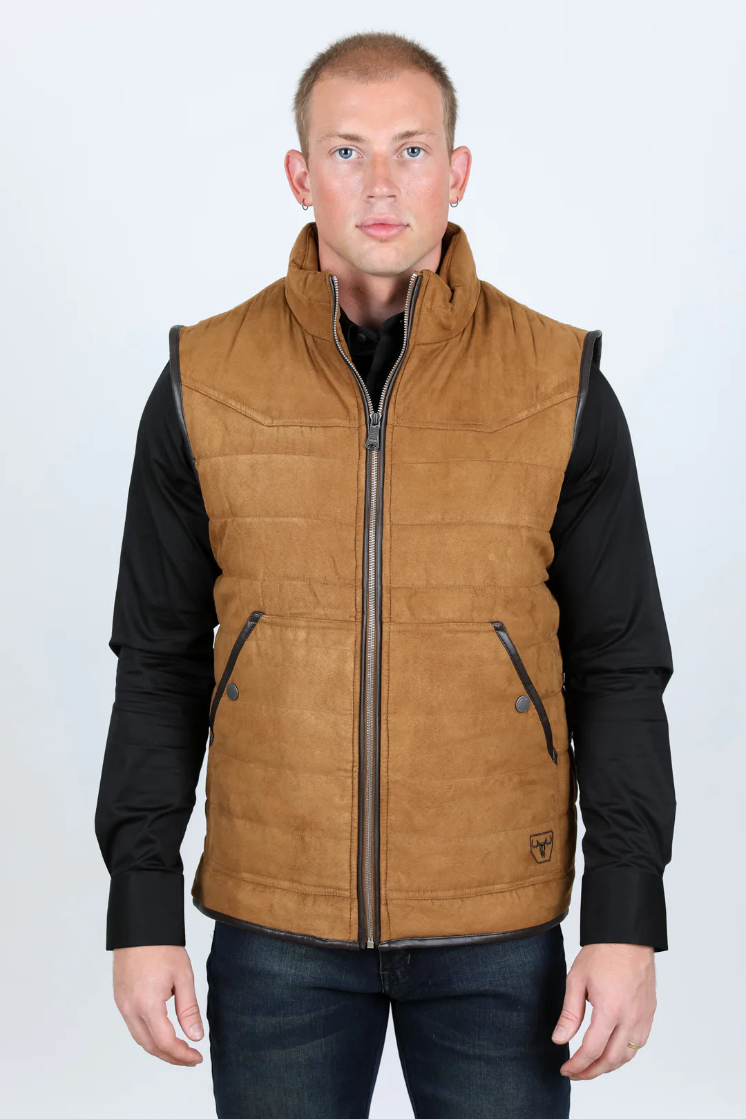Platini Men's Fur Lined Quilted Faux Suede Camel Vest VST9395