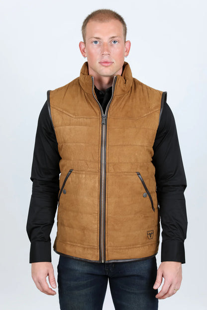 Platini Men's Fur Lined Quilted Faux Suede Camel Vest VST9395