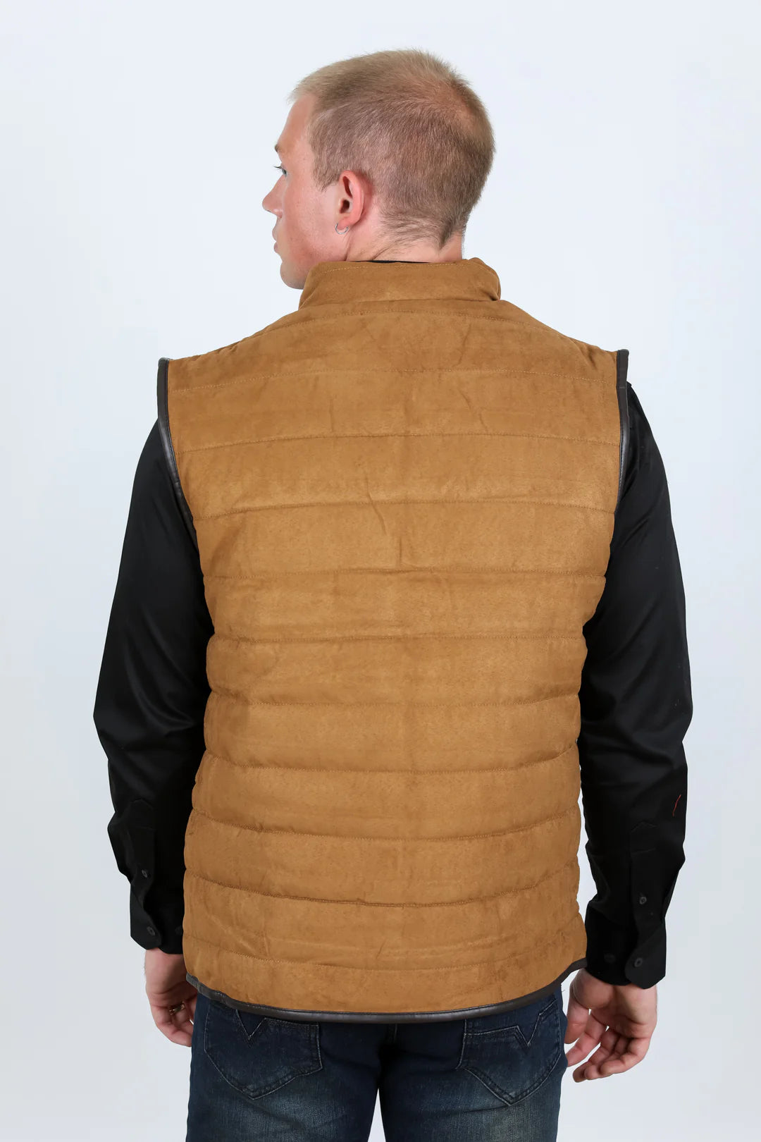 Platini Men's Fur Lined Quilted Faux Suede Camel Vest VST9395