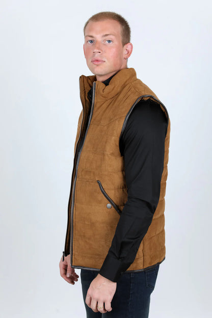 Platini Men's Fur Lined Quilted Faux Suede Camel Vest VST9395