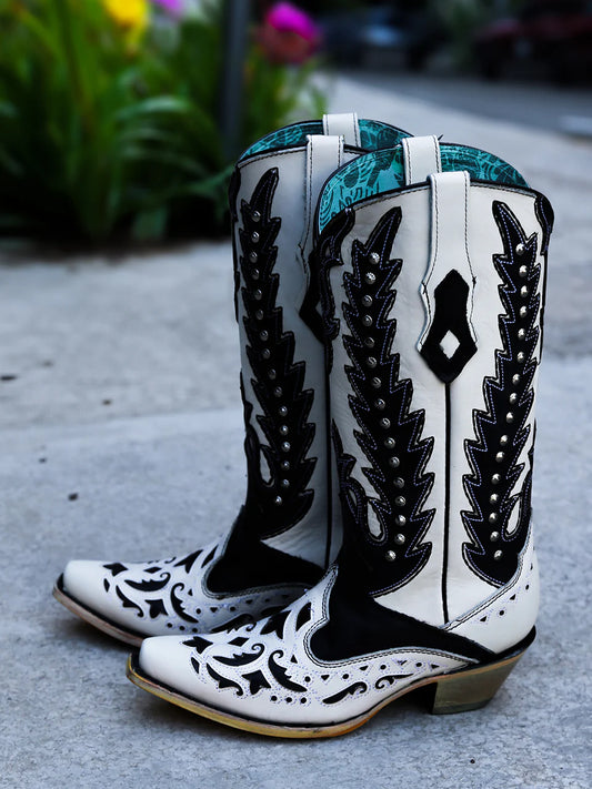 Corral Cowgirl Boots Black Overlay Embroidery Studs