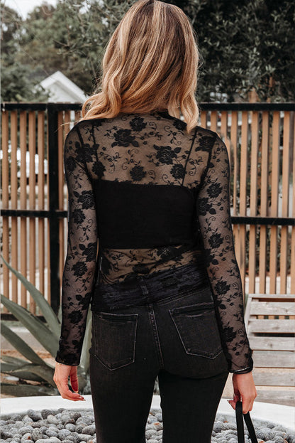 Black Sheer Floral Lace Mesh Long Sleeve Top