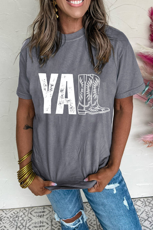 Gray “YALL” Western Boots Printed Tee Shirt