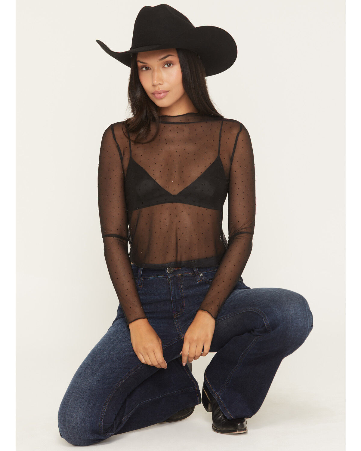 ROCK & ROLL DENIM WOMEN'S RHINESTONE MESH L/S CROPPED SHIRT