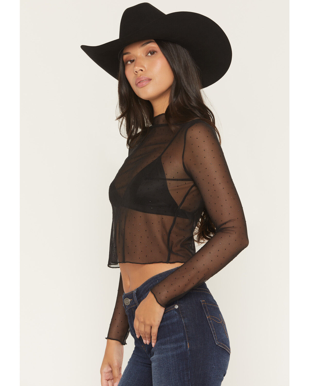 ROCK & ROLL DENIM WOMEN'S RHINESTONE MESH L/S CROPPED SHIRT