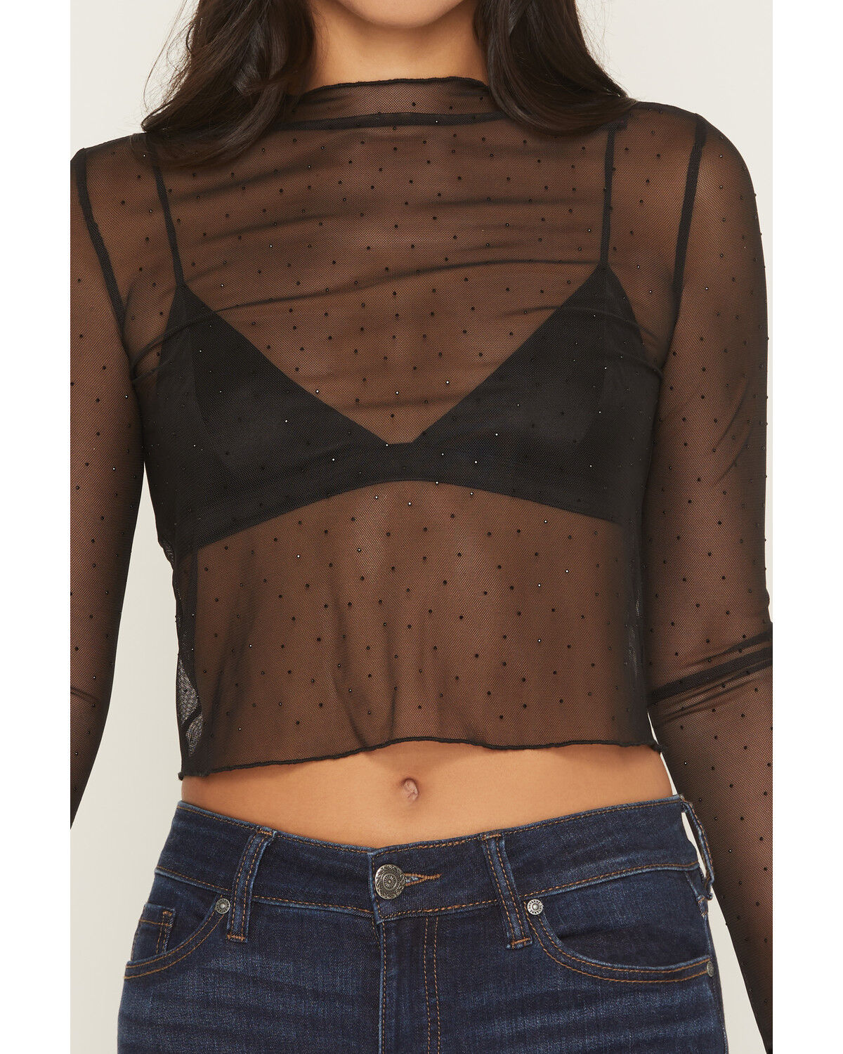 ROCK & ROLL DENIM WOMEN'S RHINESTONE MESH L/S CROPPED SHIRT