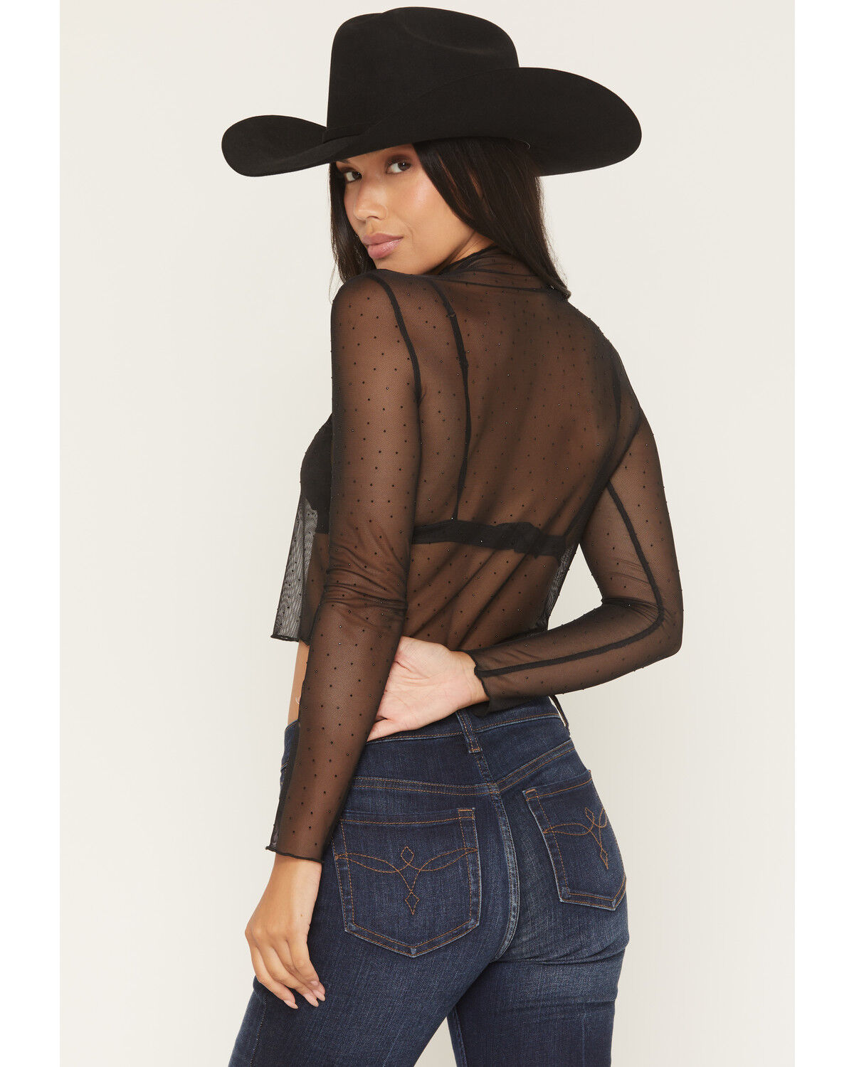 ROCK & ROLL DENIM WOMEN'S RHINESTONE MESH L/S CROPPED SHIRT