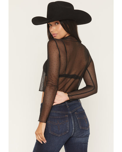 ROCK & ROLL DENIM WOMEN'S RHINESTONE MESH L/S CROPPED SHIRT