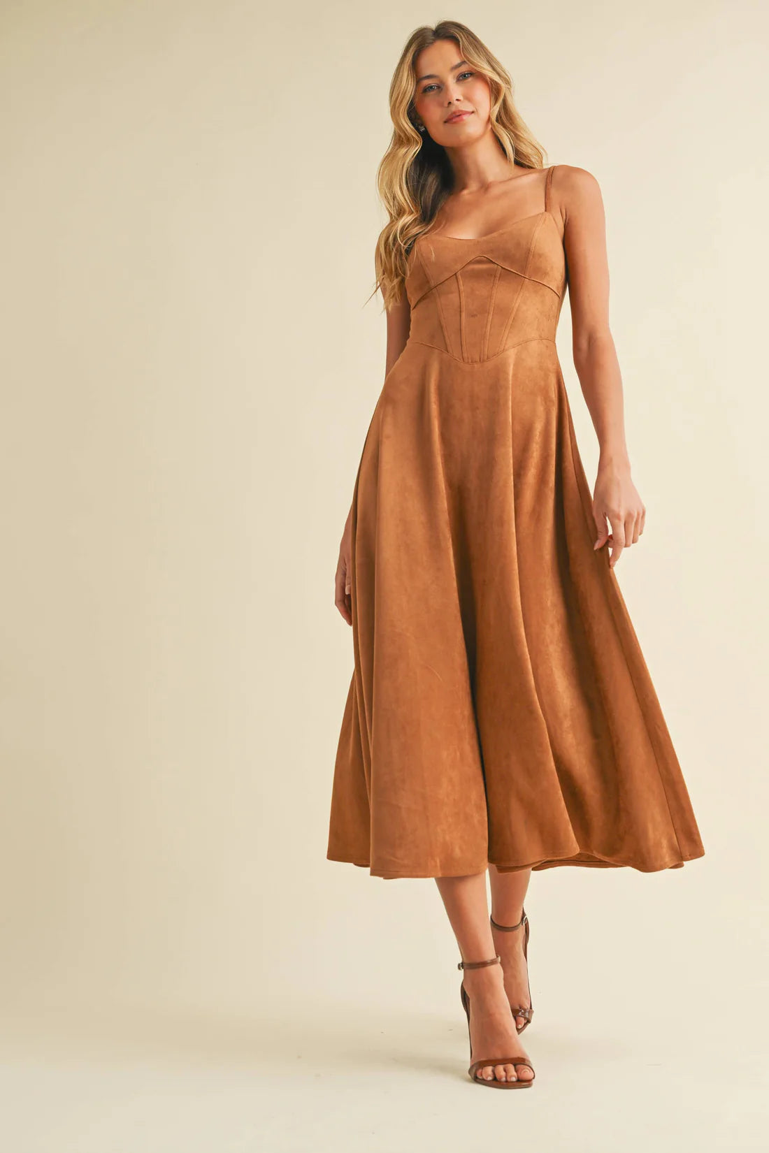 Klesis Suede Bustier Corset Flare Camel Midi Dress