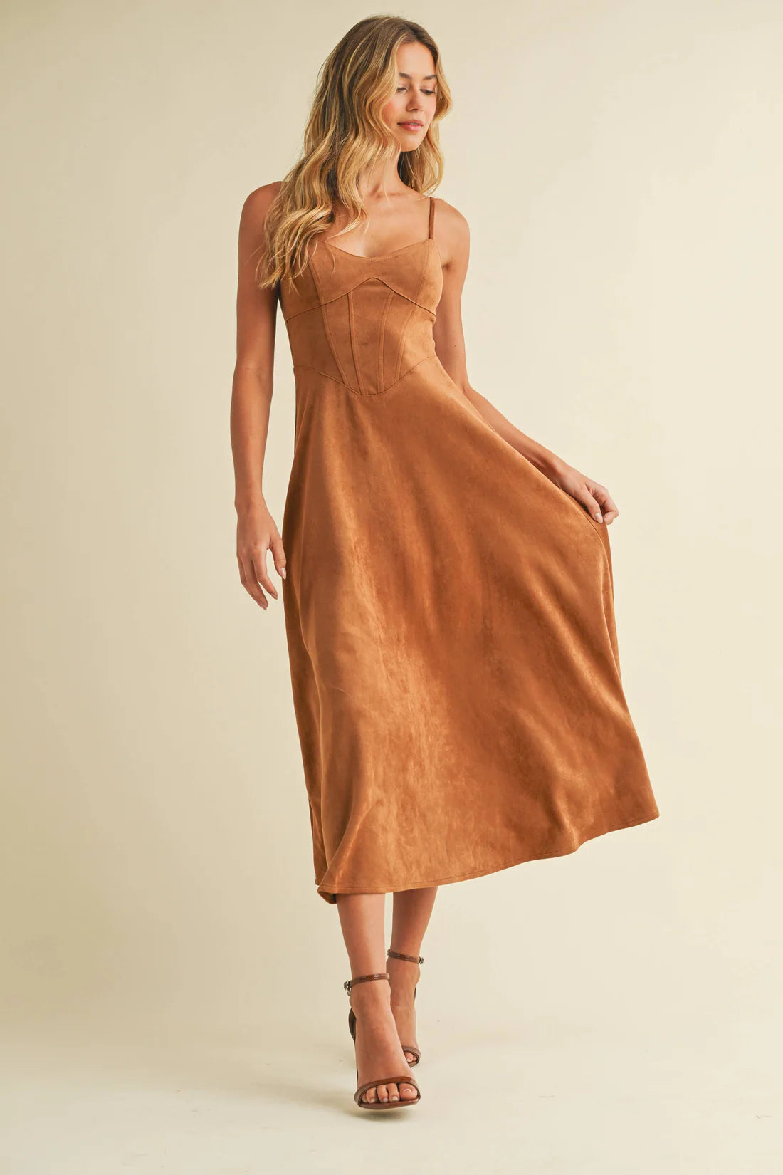 Klesis Suede Bustier Corset Flare Camel Midi Dress