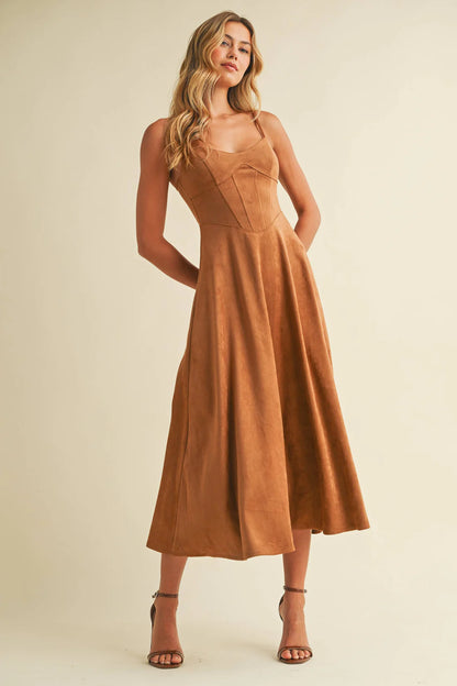 Klesis Suede Bustier Corset Flare Camel Midi Dress
