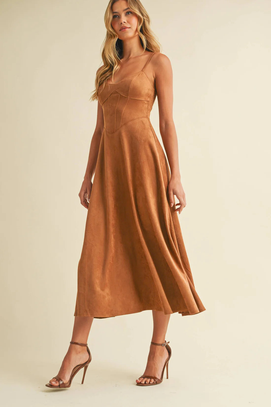 Klesis Suede Bustier Corset Flare Camel Midi Dress