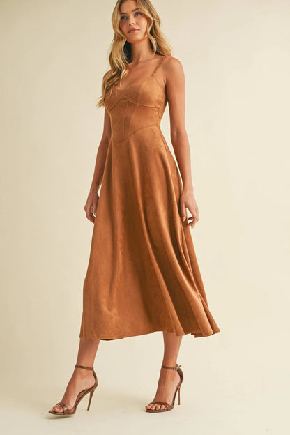 Klesis Suede Bustier Corset Flare Camel Midi Dress