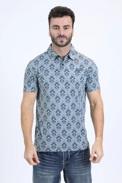 Platini Men’s Performance Fabric Modern Fit Stretch Aztec Print Blue Polo