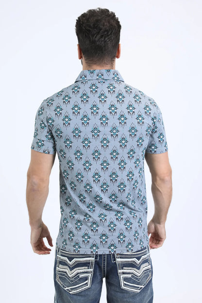 Platini Men’s Performance Fabric Modern Fit Stretch Aztec Print Blue Polo
