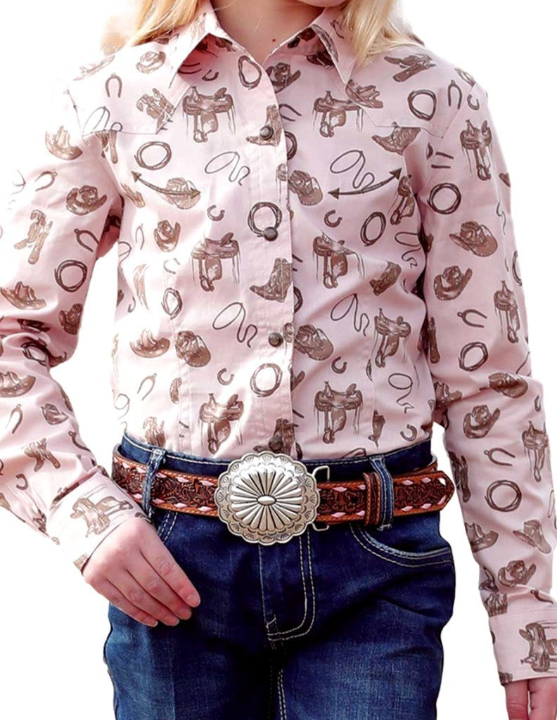 Cruel Girl Western Shirt Girls Long Sleeve Print Snap Pink CTW3370031