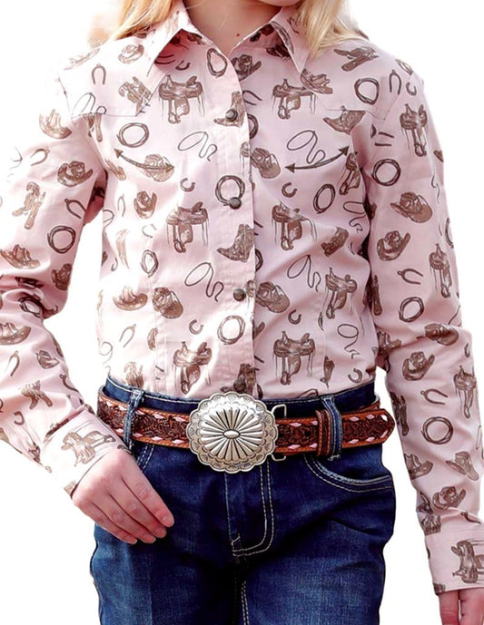 Cruel Girl Western Shirt Girls Long Sleeve Print Snap Pink CTW3370031