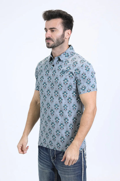 Platini Men’s Performance Fabric Modern Fit Stretch Aztec Print Blue Polo