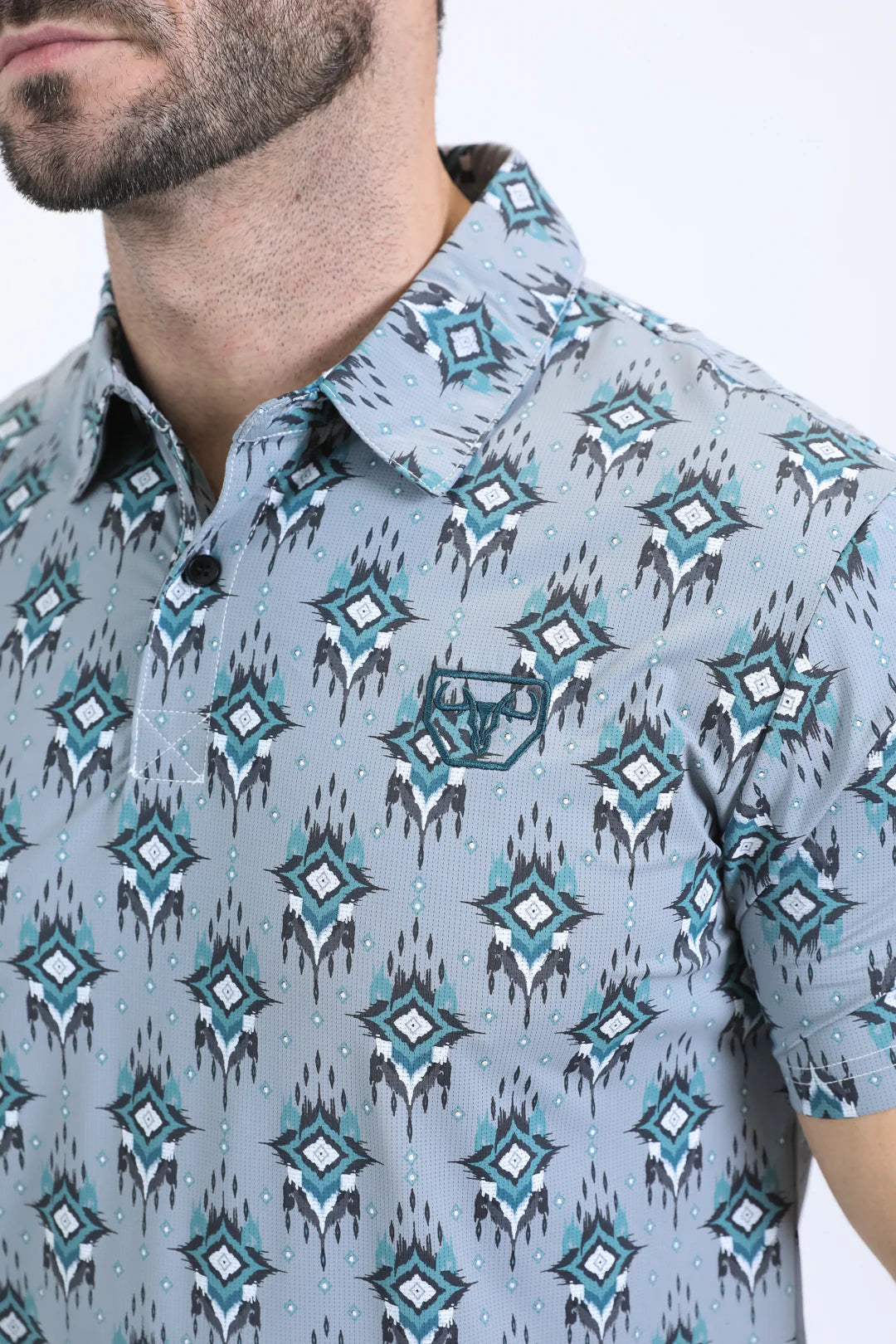 Platini Men’s Performance Fabric Modern Fit Stretch Aztec Print Blue Polo