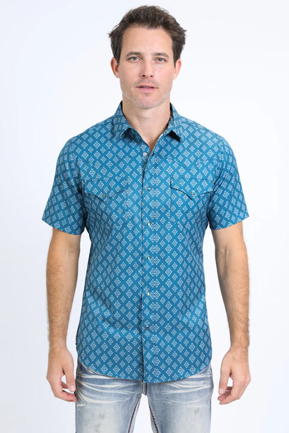 Platini Men’s Performance Western SS Aztec Print Blue