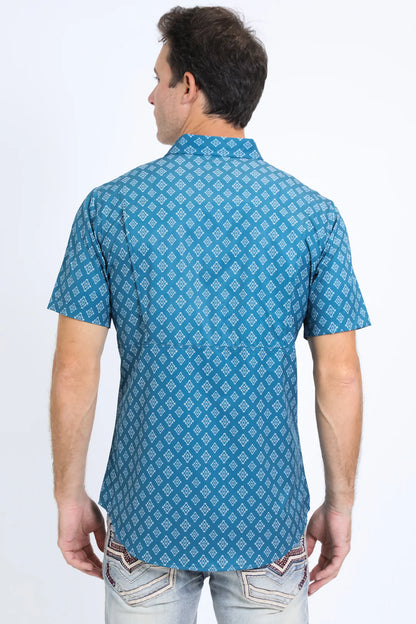Platini Men’s Performance Western SS Aztec Print Blue