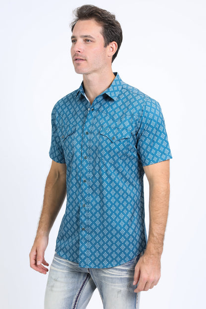 Platini Men’s Performance Western SS Aztec Print Blue