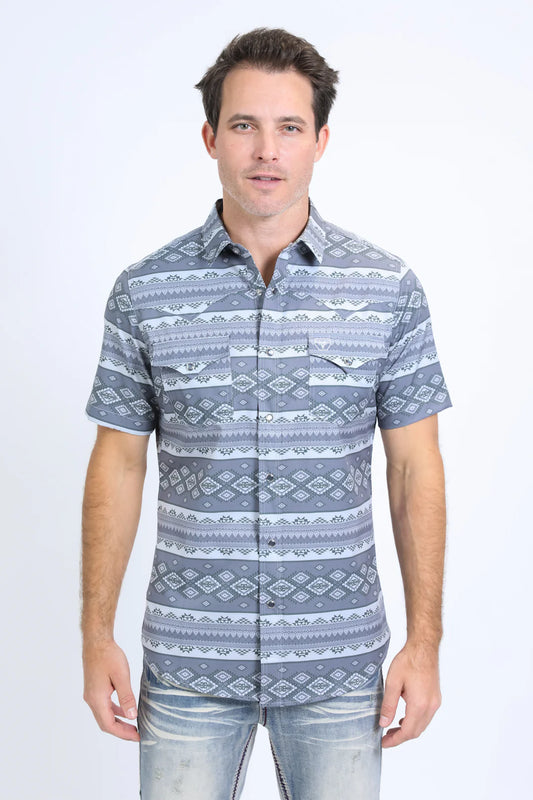 Platini Men’s Performance Western SS Aztec Print Grey