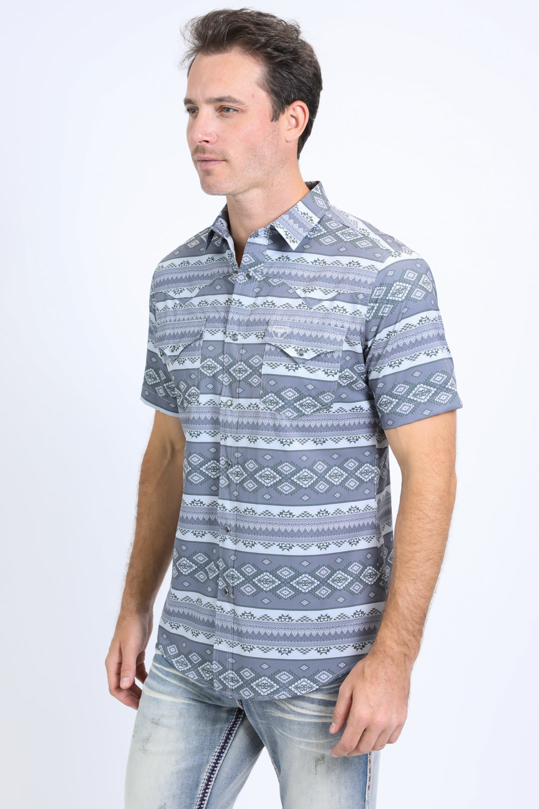Platini Men’s Performance Western SS Aztec Print Grey