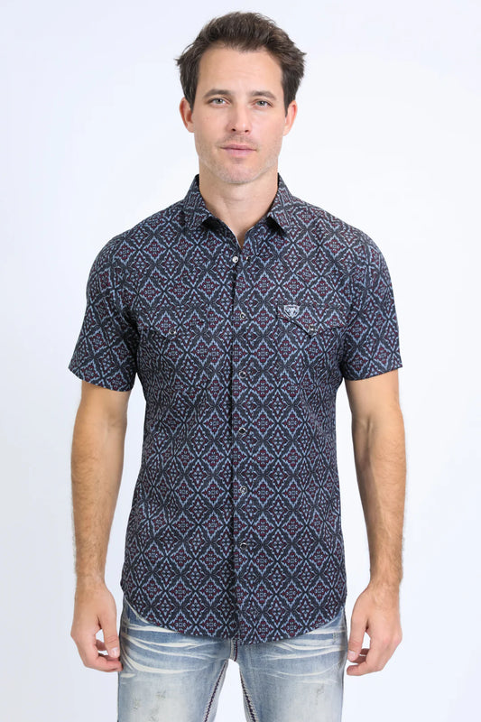 Platini Men’s Performance Western SS Aztec Print Black/Burgundy