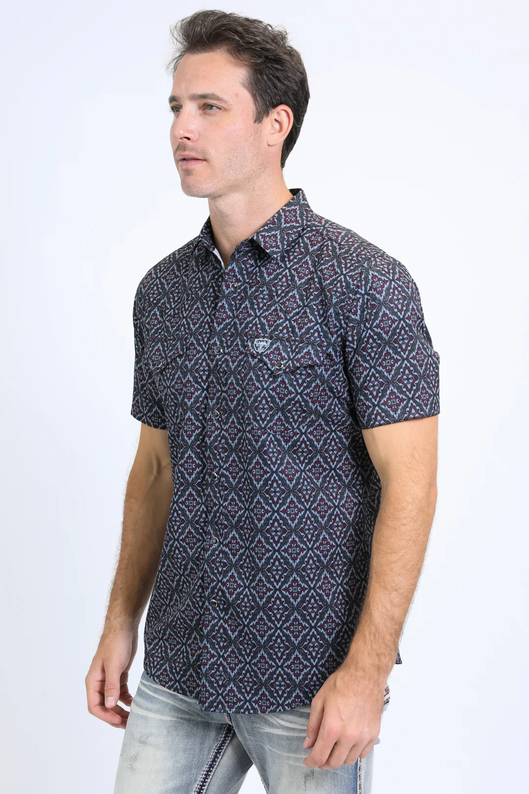Platini Men’s Performance Western SS Aztec Print Black/Burgundy