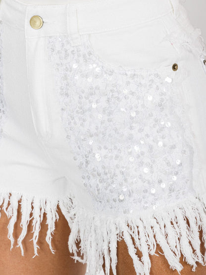BlueVelvet Women's Button Closure Fringe Pockets Sequins Denim Mini Shorts