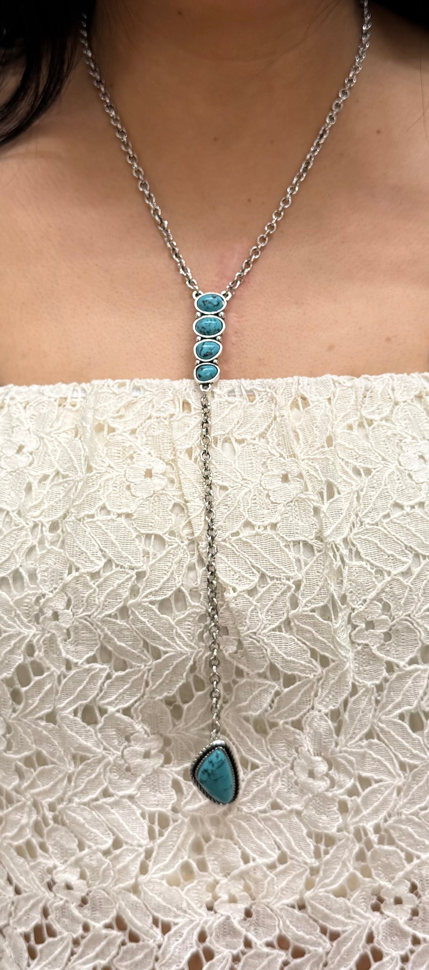 West&Co Burnished Silver Chain Y Necklace W/Turquoise Accents