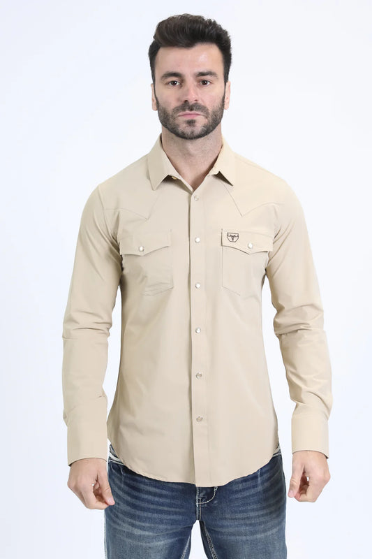 Platini Men’s Performance Western Long Sleeve Beige Shirt