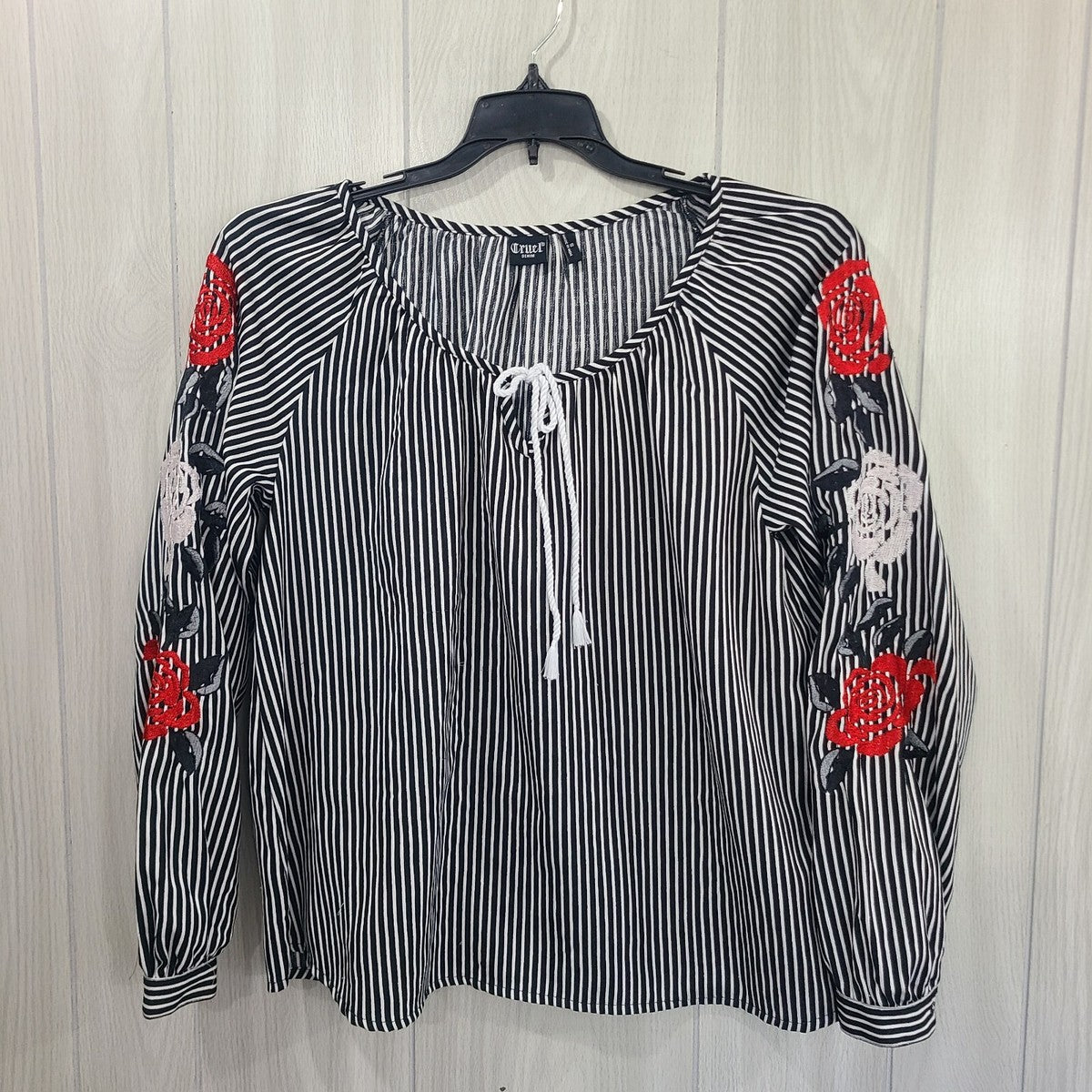 Cruel Denim Striped Tie Front Floral Embroidered Top